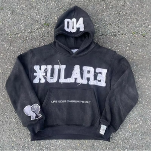 Sweat à capuche en détresse lavé noir avec patch graphique et cerveau Pull streetwear unisexe - Product Image 6