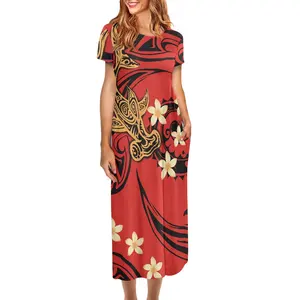 도매 가격 사모아 부족 레이디 드레스 사용자 정의 하와이 상어 꽃 폴리네시아 인쇄 하프 슬리브 여성 긴 Bodycon 드레스