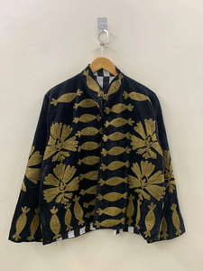 Suzani เสื้อโค้ทกำมะหยี่สีดำปักลายดอกไม้สไตล์โบโฮปักสีทองเสื้อแจ็กเก็ตบอมเบอร์เสื้อโค้ทระบายอากาศได้มีกระดุมถักสำหรับฤดูร้อน - Product Image 4