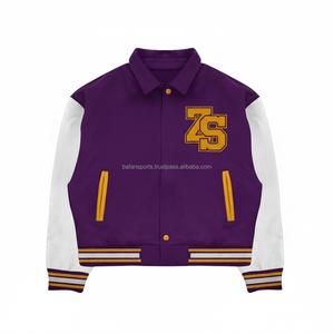 Veste universitaire en laine mélangée de qualité supérieure 450 GSM violet corps manches blanches Logo en chenille personnalisé veste universitaire en tricot côtelé pour homme - Product Image 1