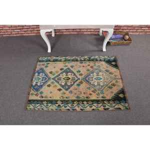 Alfombra pequeña vintage de 2.6x3.5 pies, alfombra de lana con lunares azul verdoso - Product Image 3