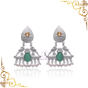 Pendientes hechos a mano de estilo bohemio con aspecto de piedras preciosas, plata oxidada, florales, estilo pesado, para boda, Sangeet Mehndi, Haldi, pendiente de uso - Product Image 3
