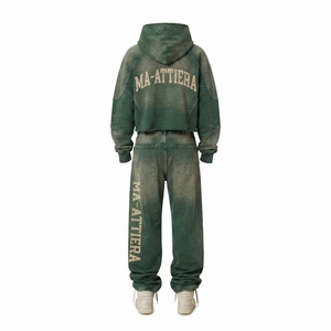 Conjunto de Sudadera con Capucha y Pantalones Jogger de Forro Polar Verde para Mujer Ma-Attiera, Estilo Urbano, Holgado, con Estampado de Letras Teñidas, Dos Piezas - Product Image 3
