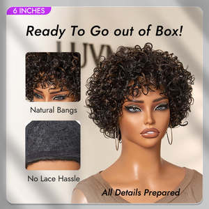 Brown & Black 100% Human Hair Wig with Bangs Short Bouncy Curls & Highlight Throw-On & Go Glueless Design US Only - Product Image 2