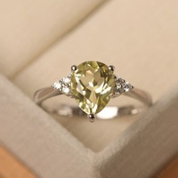Bague de fiançailles vintage pour femme en argent 925 avec quartz citron taillé en poire à facettes, sertie à griffes, bijou fin unique certifié par un tiers