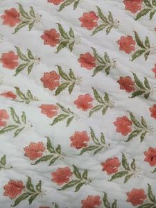 Hand Block Printed Reversible Organic Cotton <b>Kantha</b> <b>Quilt</b> White Peach Floral Design Double-Sided Razai Lightweight King Size - Product Image 2