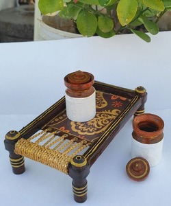 Plateau de service Khaat en bois avec revêtement en émail Plateau à collation Apéritif Plateau à dessert Plateau de table traditionnel Vintage Home Kitchen - Product Image 2