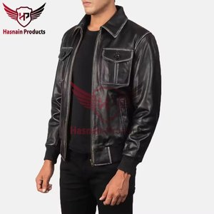 Blouson Bomber Homme en Cuir Véritable Noir, Col Chemise, Poches à Rabat sur la Poitrine, Manteau en Peau de Mouton Vieilli, Veste Extérieure Personnalisée Style Trucker Vintage - Product Image 2
