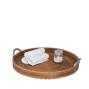 Plateau de service en rotin avec poignées en métal, forme ronde, plateau tissé élégant pour la maison et la cuisine, utilisation sur table, idéal pour la vente - Product Image 2