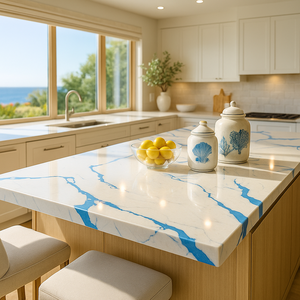 Plan de travail et comptoir de salle de bain en quartz bleu Calacatta moderne, épaisseur 20 mm/30 mm, ignifuge et imperméable - Product Image 4