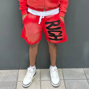 Pantalones cortos de algodón vintage personalizados para hombre, tinte solar que se desvanece, corte de sudor, borde, apliques desgastados, bordado, estampado de hojaldre, cintura media - Product Image 4