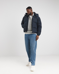 Chaqueta acolchada ajustada extragrande de algodón 100% azul marino con cuello levantado y Capucha ajustable Cierre de cremallera de invierno personalizado Jacek - Product Image 1