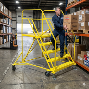 Escalera móvil de acero de 3 o más peldaños, inclinable y rodante, para seguridad en almacenes, fabricada en Vietnam por OEM, con certificación ISO y Sedex. - Product Image 1