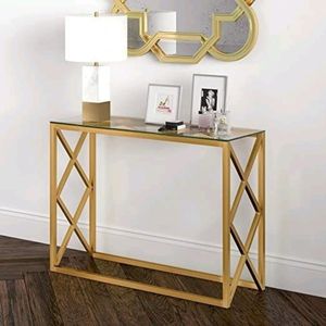Modern Gold Plated Metal <b>Console</b> <b>Table</b> <b>with</b> <b>Marble</b> <b>Top</b> Sleek Design for Entryway Living Room or Hallway Deco - Product Image 4