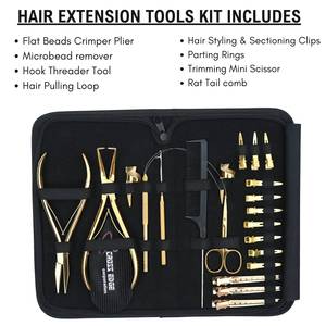 Gold Hair Extension <b>Tools</b> Kit with Beads Crimping Pliers Microlink Removal Pulling Loop Hook Parting Finger Comb Mini Scissor - Product Image 2