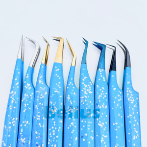 Juego de extensiones de injerto de estilos de Punta mixta listas para venta al por menor, pinzas de pestañas con purpurina azul, herramientas de acero inoxidable recubiertas antiestáticas - Product Image 2