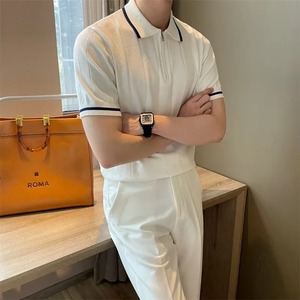 2024 Summer Trendy Korean Style <b>Men's</b> 100% Cotton Half <b>Zip</b>-<b>up</b> Casual Knitted for Polo <b>Shirt</b> Short Sleeves Lapel Breathable - Product Image 1