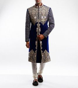Dazzling-Beautiful Embroidery on Royal Blue VELVET Sherwani & <b>Pant</b> with Embellished crystal glass beads, Stone, Dabka work=2025 - Product Image 1
