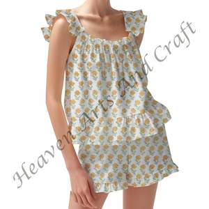 Stripe Cotton Women's Shorts Pajama <b>Set</b> <b>Sexy</b> Spring/Summer Floral Fitted Strappy Ruffle Trim Sleeves <b>PJ</b> <b>Set</b> - Product Image 4