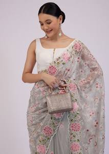 Saree en soie d'organza de concepteur de couleur grise avec le sari imprimé par Digital pour des femmes - Product Image 5