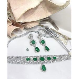 Exquisite Silver Finish Stone Choker <b>Set</b> Designer Jewelry With Earrings For <b>Women</b> For Traditional And Party Wear Collection - Product Image 1