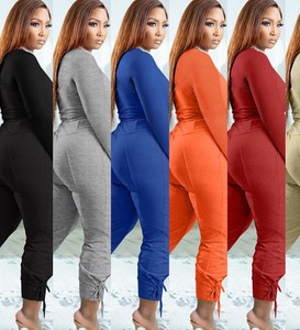Vêtements pour femmes décontracté à manches longues haut court taille haute pantalon à cordon ensemble de pantalons deux pièces - Product Image 2