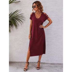 Robe en viscose à manches courtes avec détails latéraux, 37830 - Bordeaux - Product Image 5