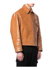 Chaqueta de Cuero Marrón Unisex con Grabado de Cocodrilo, Cierre Completo, Bolsillo en el Pecho, Cuello Redondo, Silueta Cuadrada, Resistente al Viento, Color Único - Product Image 1