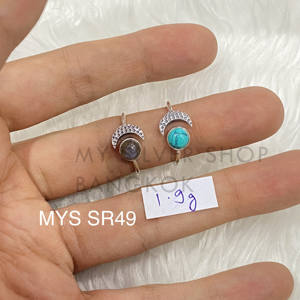 Bague ouverte réglable en argent sterling 925, design tendance soleil et lune, pierre turquoise, bague de mariage superposée soleil lune pour homme et femme - Product Image 1