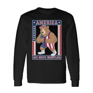 America Bear Wrestling Red White Pride T-shirt à manches longues unisexe à col rond pour adulte, vêtements de sport - Product Image 2