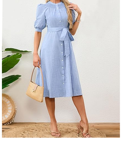 Elegante vestido MIDI de lino y algodón para mujer, ropa informal de verano, traje occidental de manga corta con botones y cinturón para mujer - Product Image 6