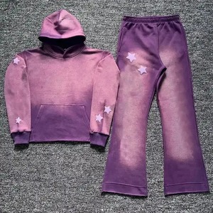 2025 Top vente unisexe lavage à l'acide survêtement ensemble coupe-vent 500GSM 100% coton à capuche Flair bas pantalon soleil effet délavé - Product Image 5