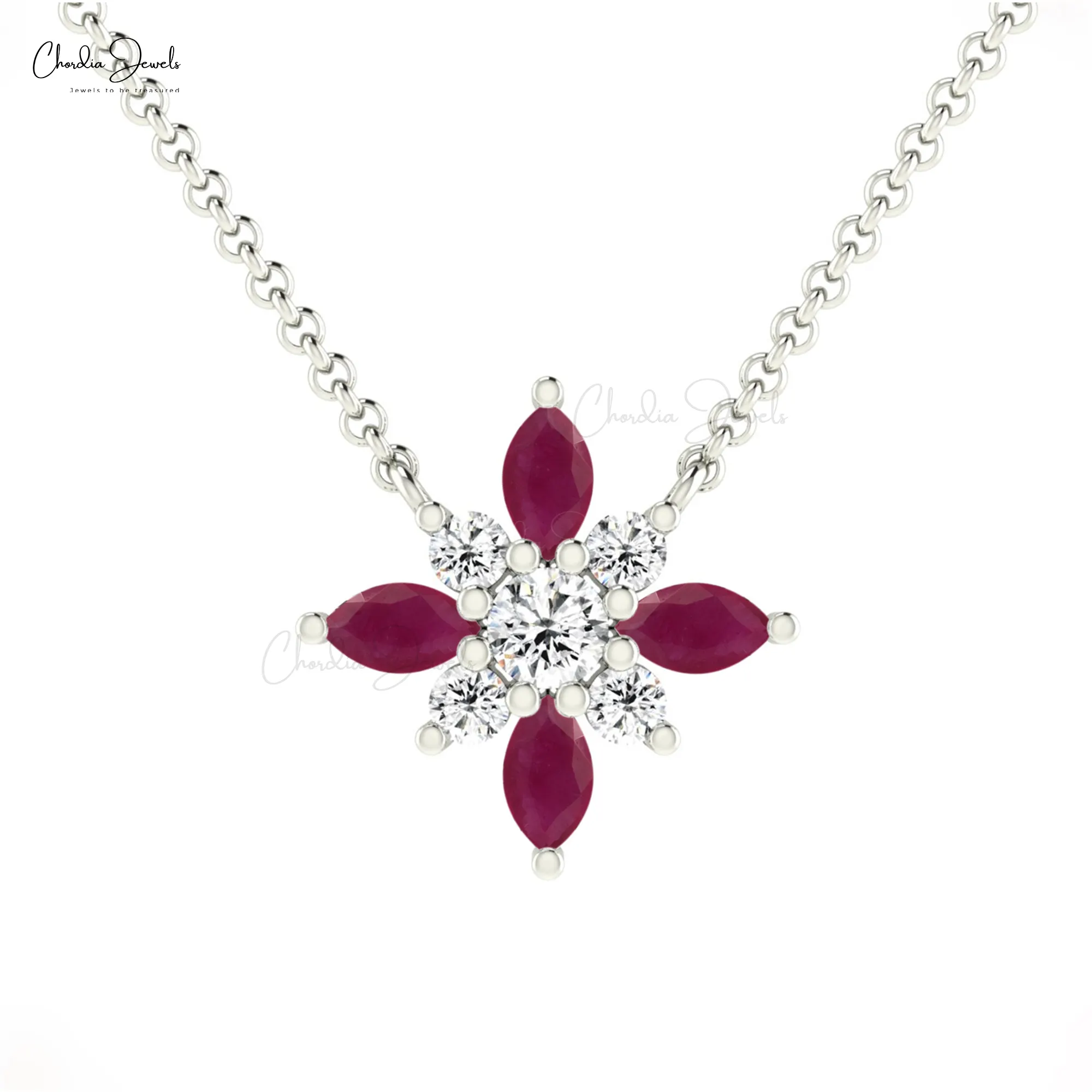 Prix de gros 14k Solid Gold Snowflake Collier pour femmes Véritable diamant blanc et rubis rouge Cluster Collier Pendentif Bijoux