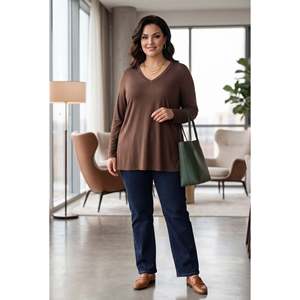 T-shirt grande taille à manches longues et col en V avec fentes latérales, marron - Product Image 5