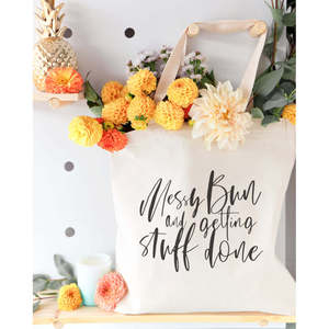 Eco-Friendly Cotton Canvas Tote Bag for Daily Use Medium Size 'Messy Bun Getting Stuff Done' Plain Recyclable Advertising - Product Image 5