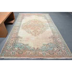 Tapis turc vintage Beige bleu Patchwork Design 6.1x9.6 pieds tapis en laine tissée à plat pour décorations de salon 4m de largeur Latex - Product Image 1