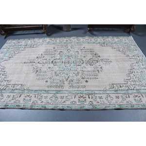 Tapis en laine patchwork vintage avec envers en latex, grande taille 5,3x8,7 pi, blanc et bleu, décoration intérieure écologique - Product Image 3