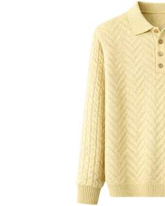 Pull en laine texturé à col polo jaune clair pour homme, fabriqué sur mesure, manches longues, pull d'hiver, doux, chaud, décontracté - Product Image 3