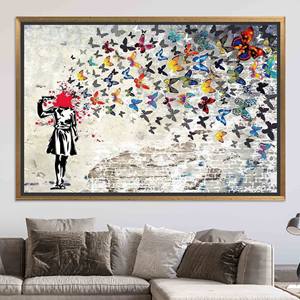 Impression sur toile Banksy Butterfly Girl : Art mural en vitrail, toile encadrée dorée - Product Image 1