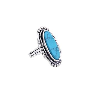 Bague pour femme en argent sterling 925 massif, turquoise tibétaine bleue texturée, ovale longue 10x30mm, sertie clos, faite à la main, bijoux fins - Product Image 1