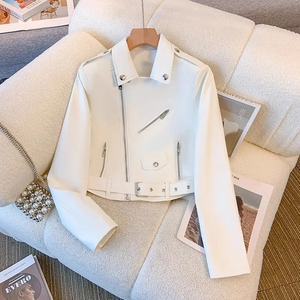 เสื้อโค้ททั่วไปสำหรับทุกเพศสีดำสีขาวท้องฟ้าสีฟ้าแจ็คเก็ตหนังเทียม PU แขนยาวเข็มขัดปกฤดูหนาวสตรีทแวร์ผ้าใบด้านหน้า - Product Image 4