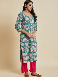 Kurta Tradicional India para Mujer, Diseño Floral Impreso, Cuello en V, Manga Larga, Algodón Teñido, Corte en A, para Verano - Product Image 4
