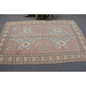 พรมตุรกีวินเทจคลาสสิกสีชมพูสีฟ้า4.6 x 7.3ft พื้นที่ขนาดใหญ่ผ้าขนสัตว์ด้านหลังเป็นนามธรรมรูปสี่เหลี่ยมผืนผ้าการออกแบบห้องโถงสำหรับห้องพัก - Product Image 3