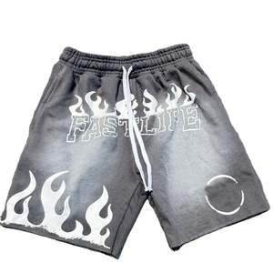 Pantalones cortos lavados con ácido de alta calidad, se desvanecen al sol, logotipo desgastado personalizado Vintage, estampado Dtg, diamantes de imitación, de gran tamaño, para hombre - Product Image 3