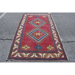 Tapis Vintage Turc Classique Rouge Bleu Patchwork Design 4.8x8.2ft Laine Matériel Latex Peluche pour Entrée 9x12 Rectangle Abstrait - Product Image 1