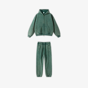 Ensemble survêtement décontracté pour homme, style vintage, avec short et t-shirt à capuche, effet délavé, 100 % coton - Product Image 1