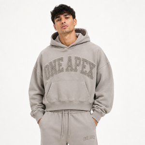 เสื้อฮู้ดดี้ทรงโอเวอร์ไซส์สีเทาหิน ผ้าคอตตอนพรีเมียม ปักลาย สตรีทแวร์ รับทำโลโก้ตามสั่ง OEM ODM - Product Image 1