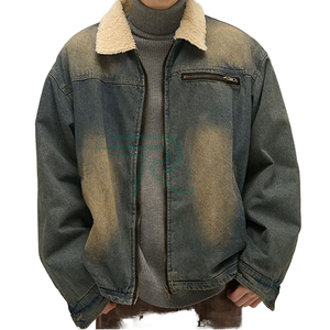Razorts International Men's <b>Denim</b> Jacket Medium Wash Cotton Polyester Casual Winter <b>Coat</b> With Shearling Collar - Product Image 1