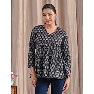 <b>Black</b> Jaipuri Block Printed Cotton Peplum <b>Top</b> Ladies' Long Floral Embroidered Office <b>Tops</b> Asymmetrical Collar Lace Decoration XL - Product Image 1