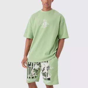 Conjunto personalizable de tejido de punto para hombre, ropa de calle de verano personalizada, lavado ácido, camiseta y pantalones cortos - Product Image 2